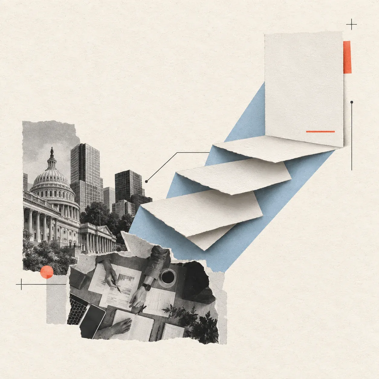 A cut-paper client brief unfolds from grayscale city and worktable photographs across a pale blue shape, with small coral marks.