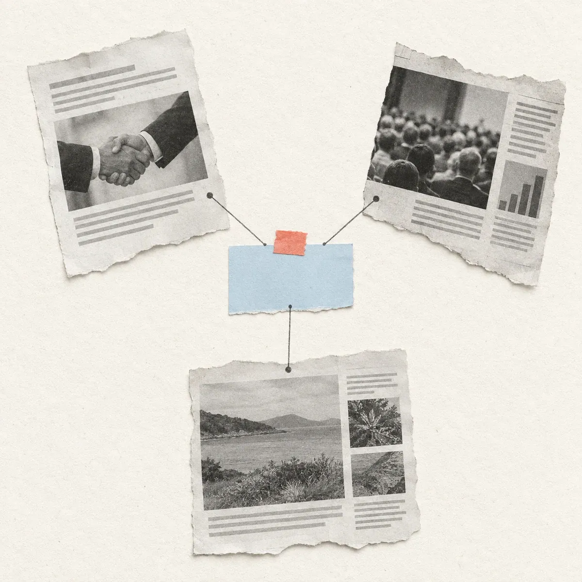 Three grayscale client and industry clippings connect to one pale-blue brief card with a coral tab.