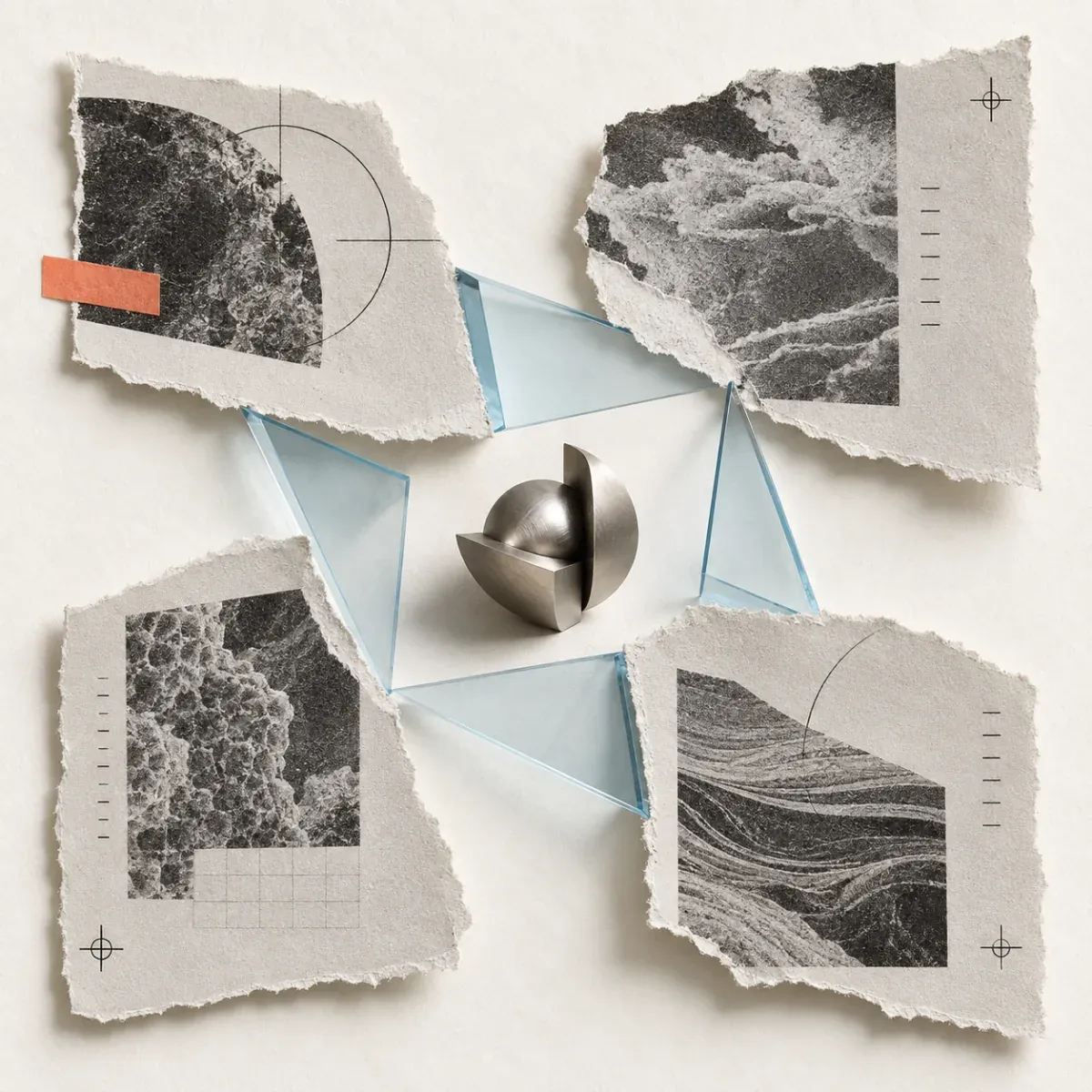 A cut-paper collage of separate research excerpts joined by a pale-blue glass shape around a small metal form.