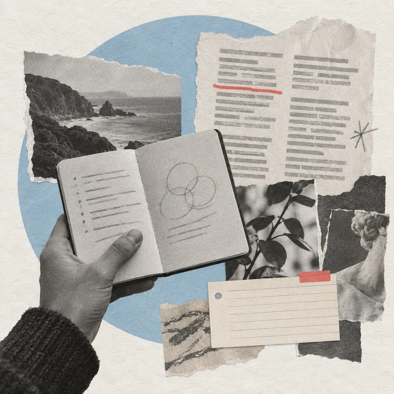 A paper collage of a notebook, clipped articles, and a marked index card over a pale-blue circle.