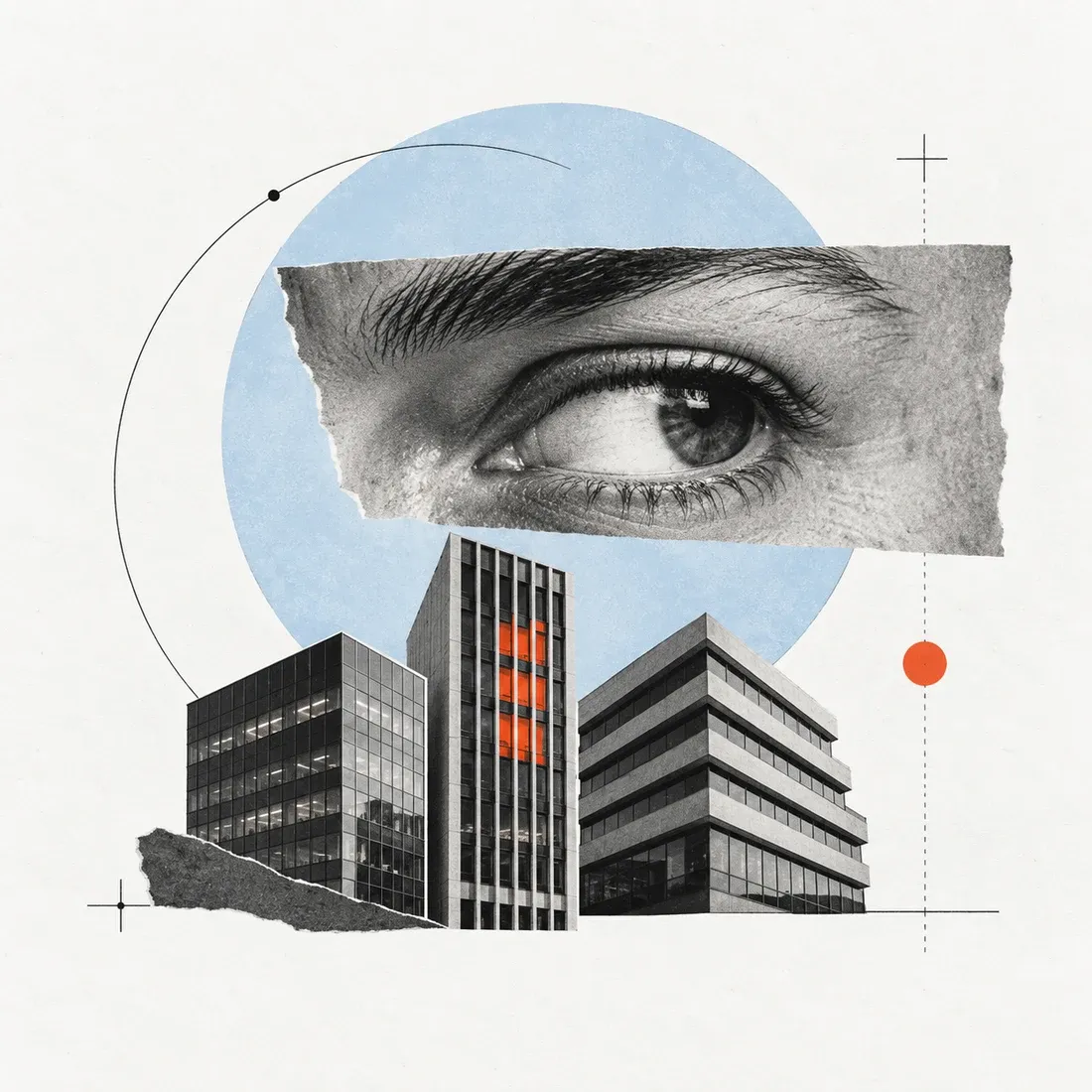 An editorial collage of an observant eye above three buildings, with one building's windows highlighted in coral.