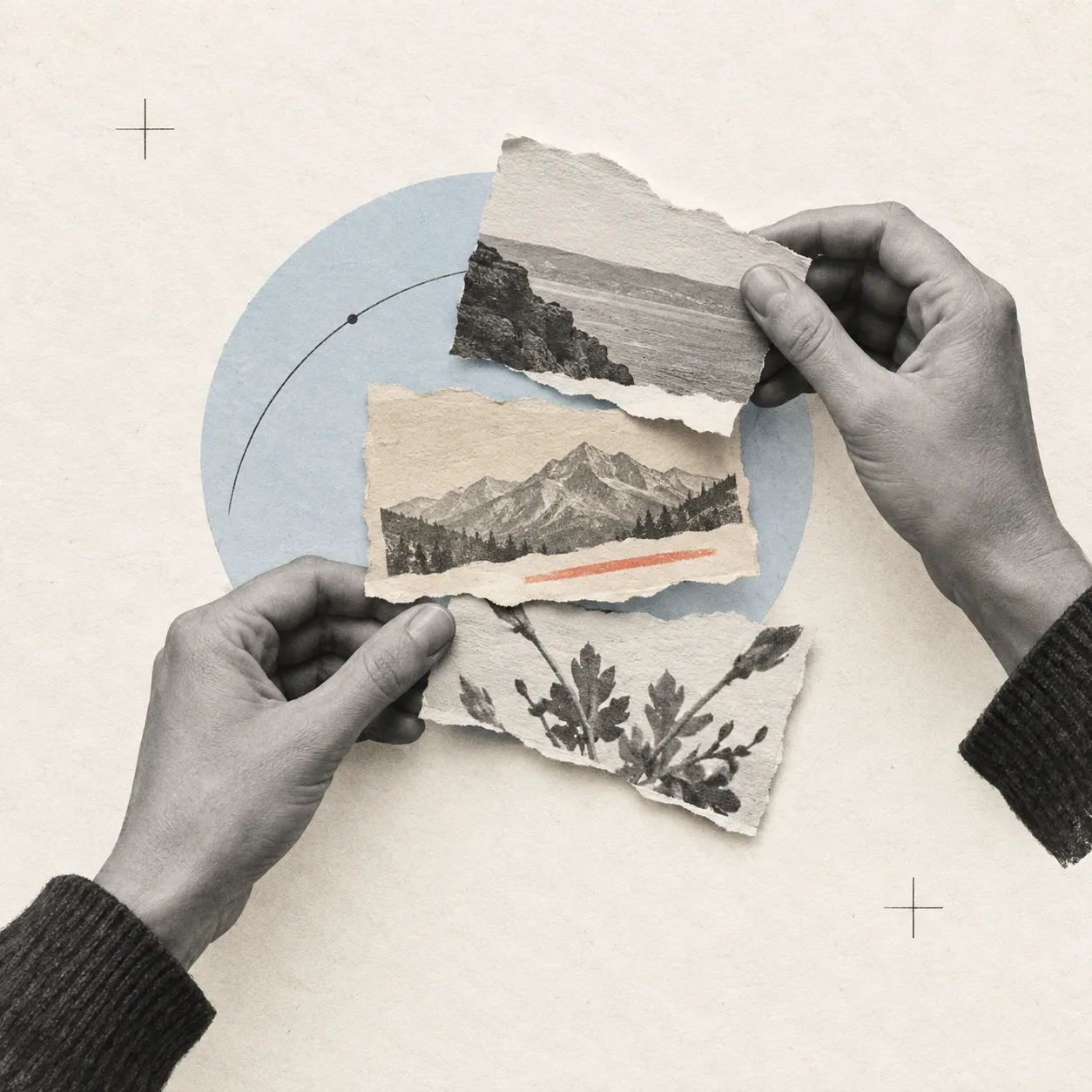 Grayscale hands sort torn paper source excerpts over a pale-blue circle, with one excerpt marked in coral.