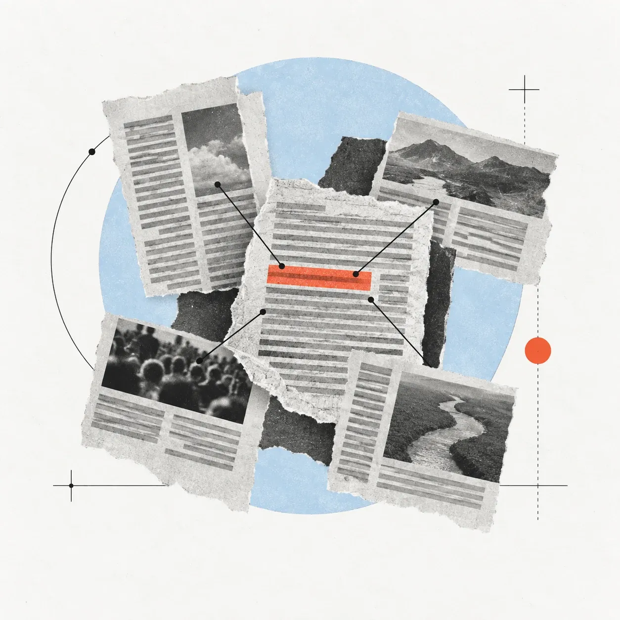 A cut-paper collage of public article clippings around a coral-highlighted passage on a pale-blue field.