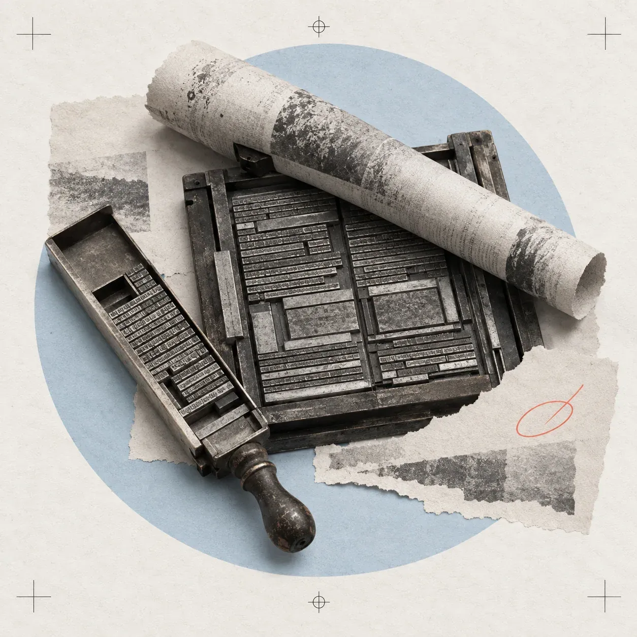 A letterpress forme and rolled newsprint on pale blue and textured paper, with a small coral proofreader's mark.