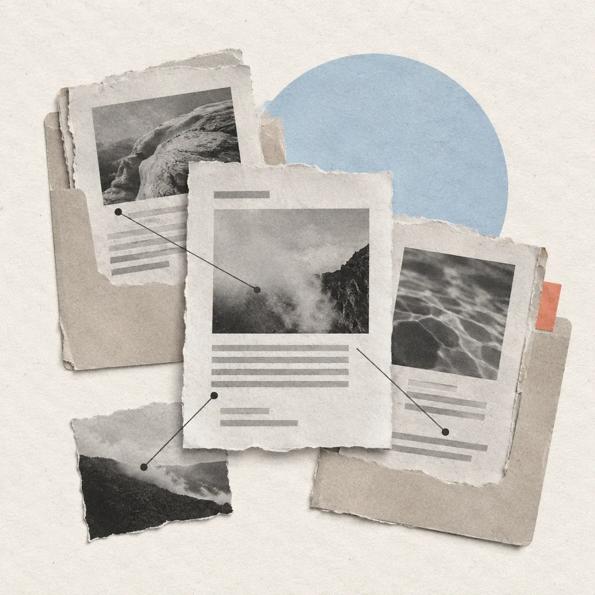 A paper collage of grayscale research clippings gathered in folders, linked by fine lines and marked with a coral tab.