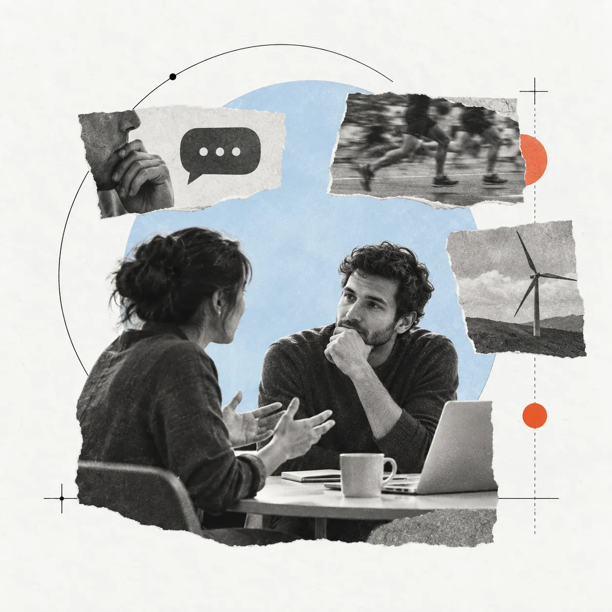 An editorial collage of a founder listening to a customer, with paper fragments suggesting public customer questions, competitor updates, and industry news.