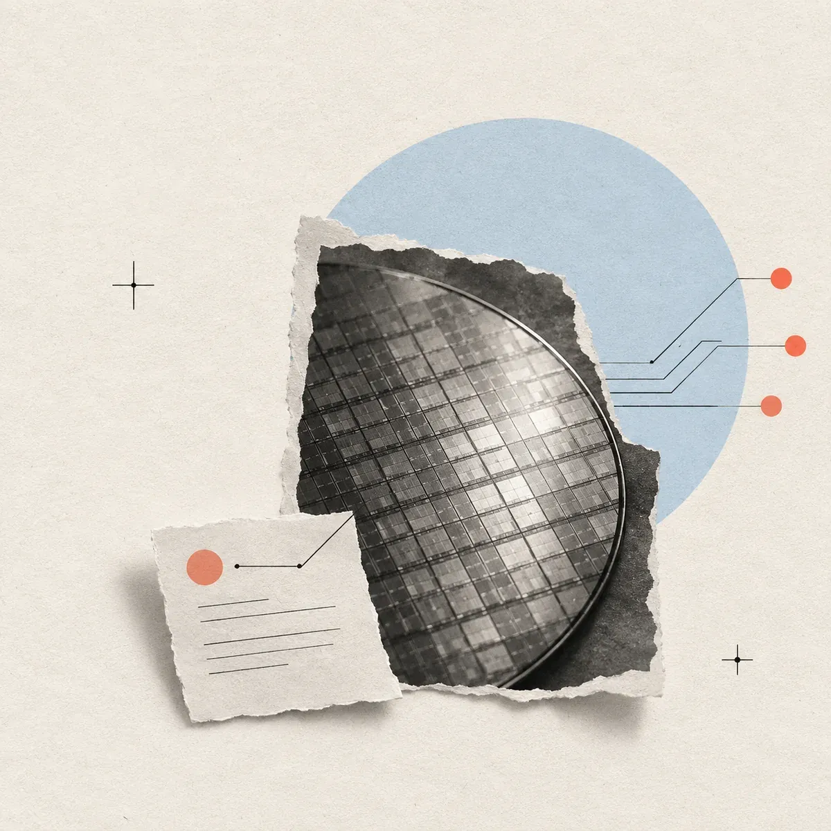 A paper collage pairs a grayscale silicon wafer with a small release note, pale blue geometry, and coral circuit marks.