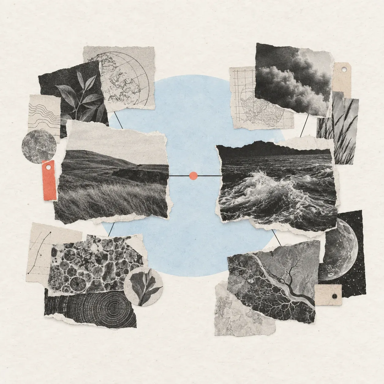 A paper collage bringing research sources together