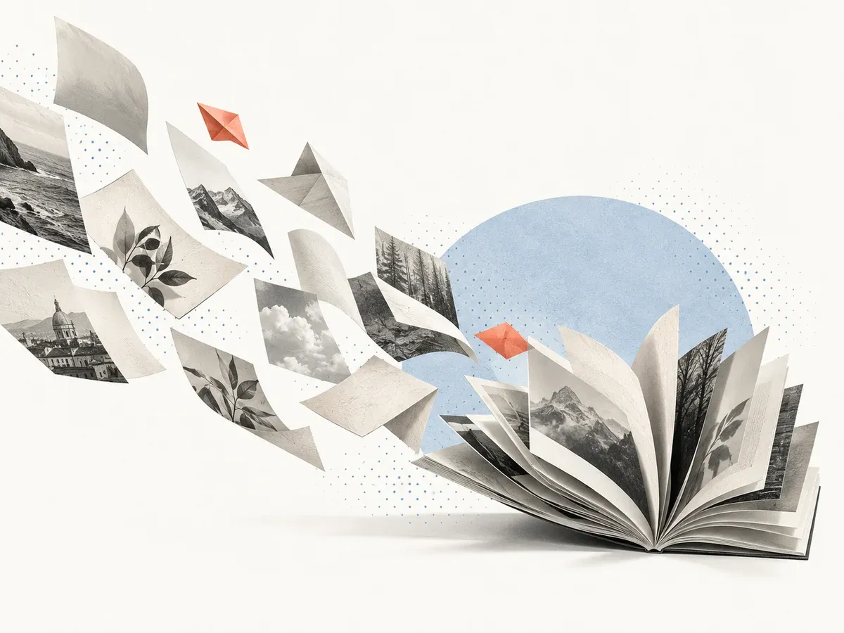 Paper fragments gathering into an open book