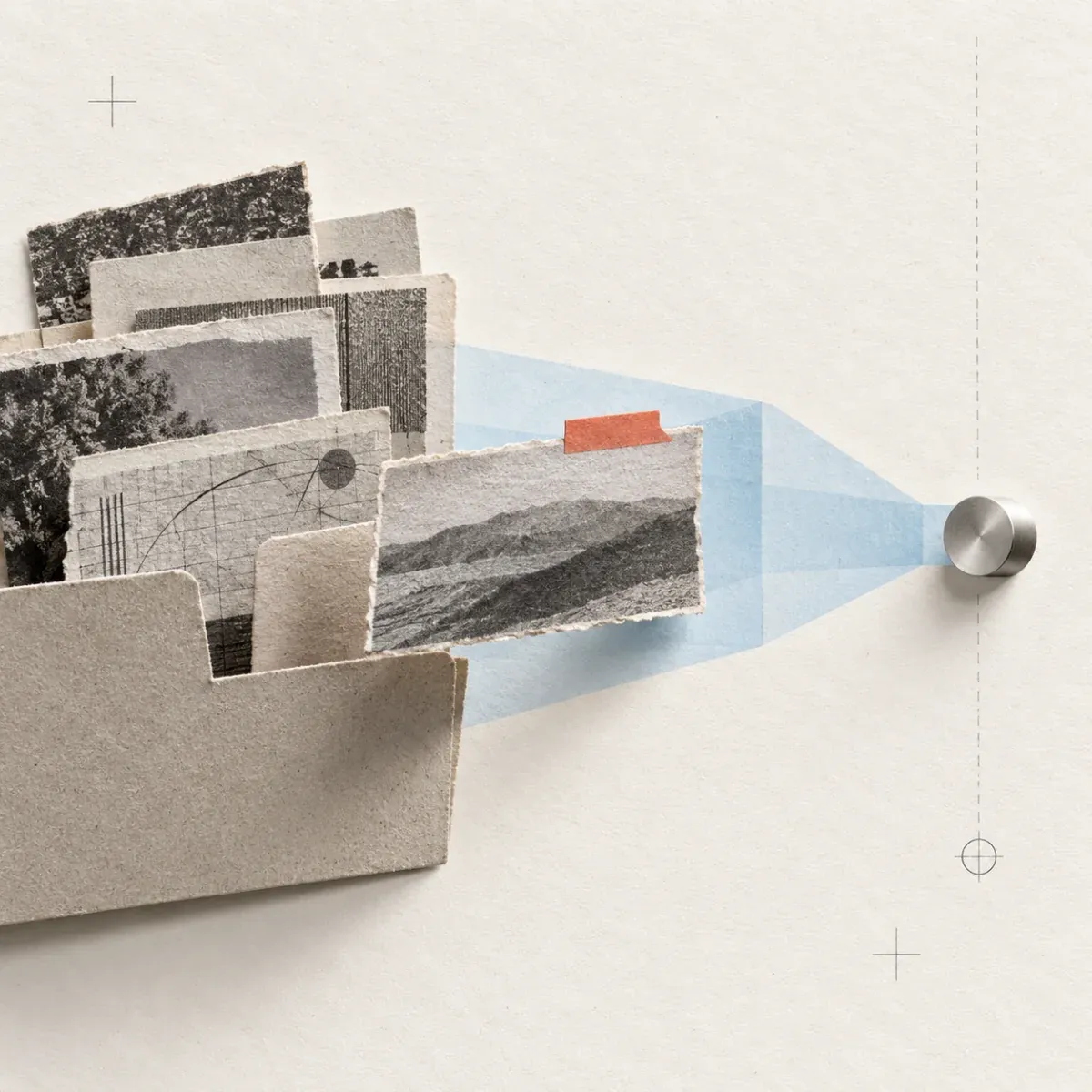 Torn research excerpts gathered in a file, with one coral-tabbed article moving through a pale-blue channel to a small metal connector.