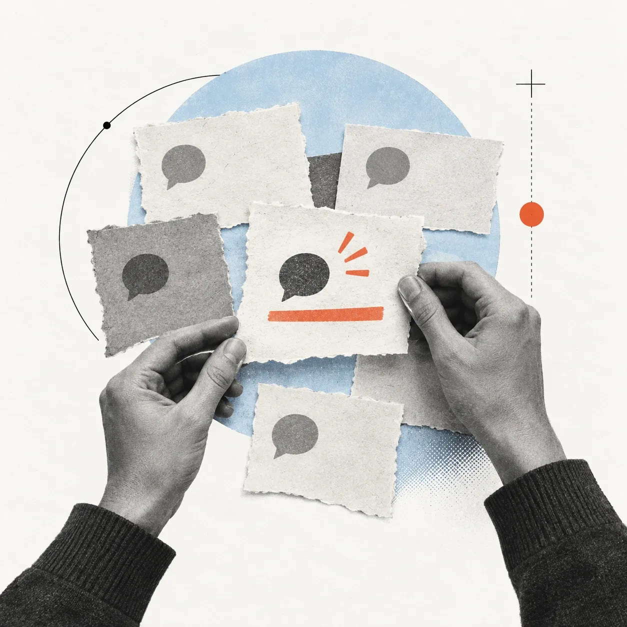 An editorial collage of hands reviewing public discussion clippings, with recurring speech symbols and a coral mark highlighting a repeated customer question.