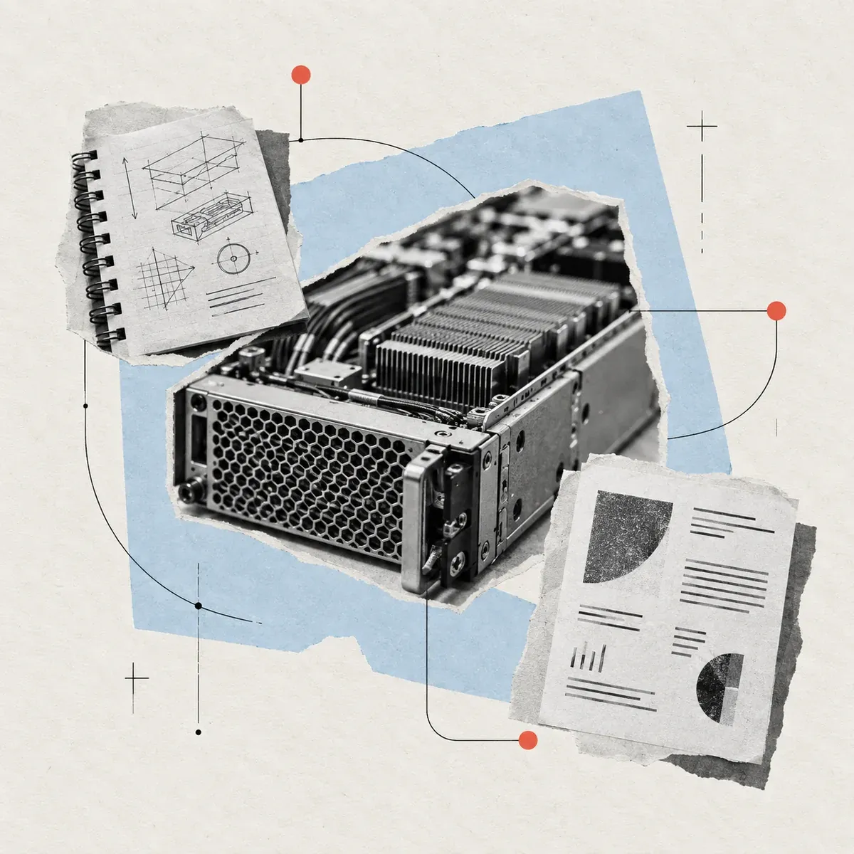 A grayscale server module sits between an engineering notebook and a project update, linked by fine lines on a pale blue collage.