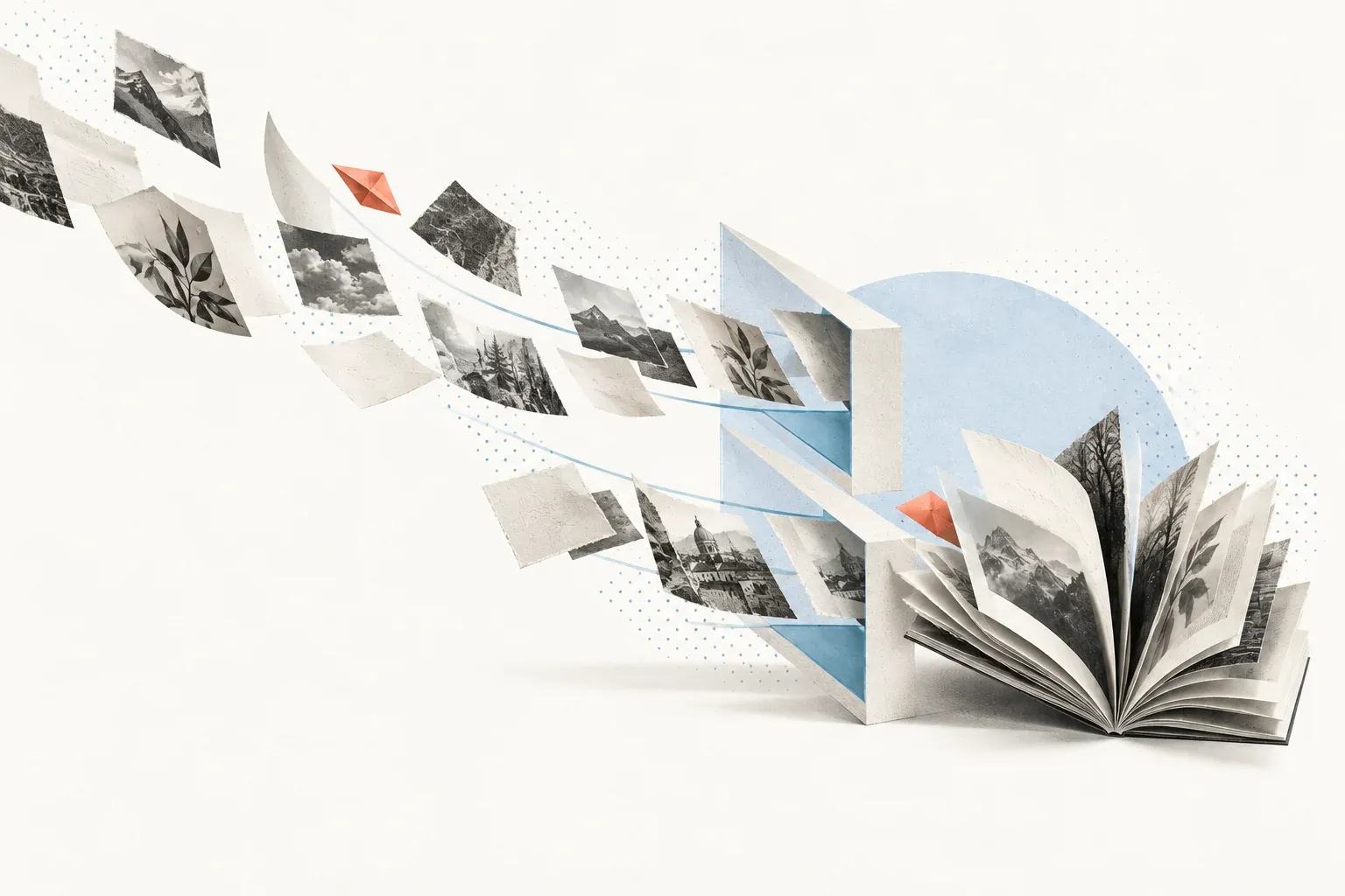 Editorial collage of source pages passing through a blue opening into a collected book