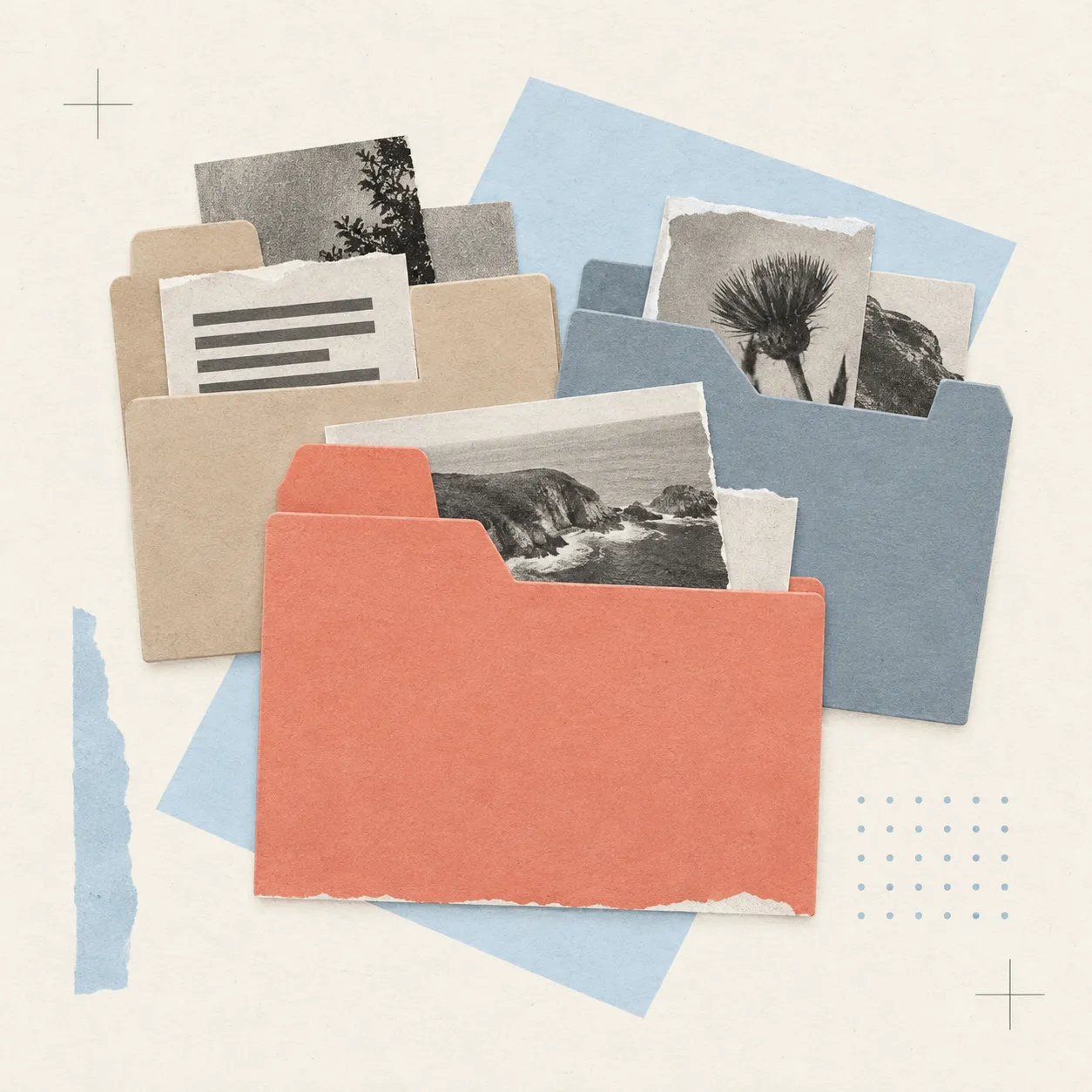 Layered paper folders hold separate source clippings, with a coral tab marking one group.