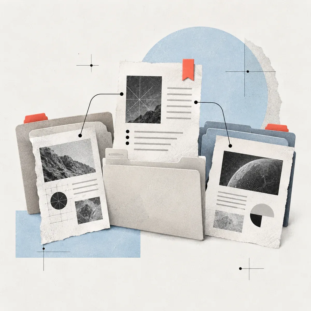 Release sheets and technology articles are gathered in paper folders, with a coral bookmark marking one update to revisit.