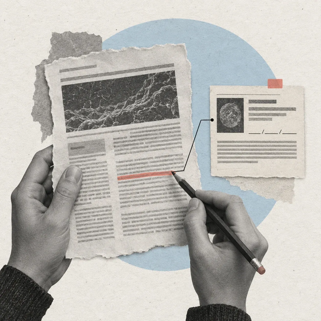 A hand marks an original article beside a separate source card, joined by a fine line.