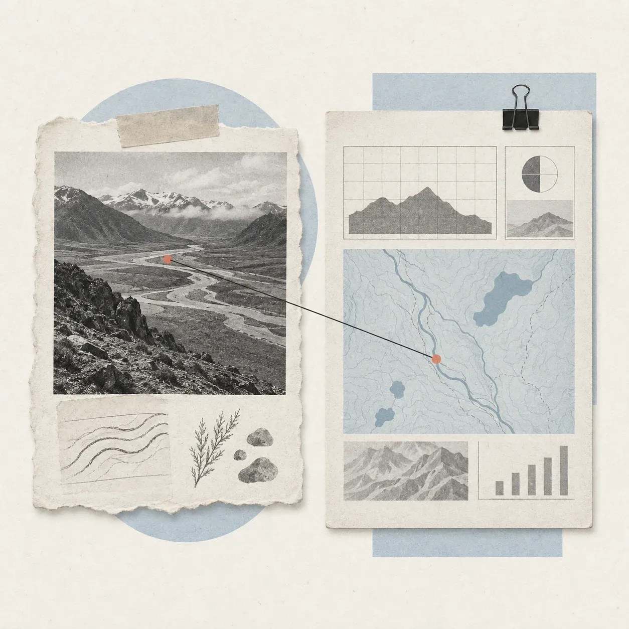 Two research pages present separate field and mapped data perspectives, joined by a small coral marker.
