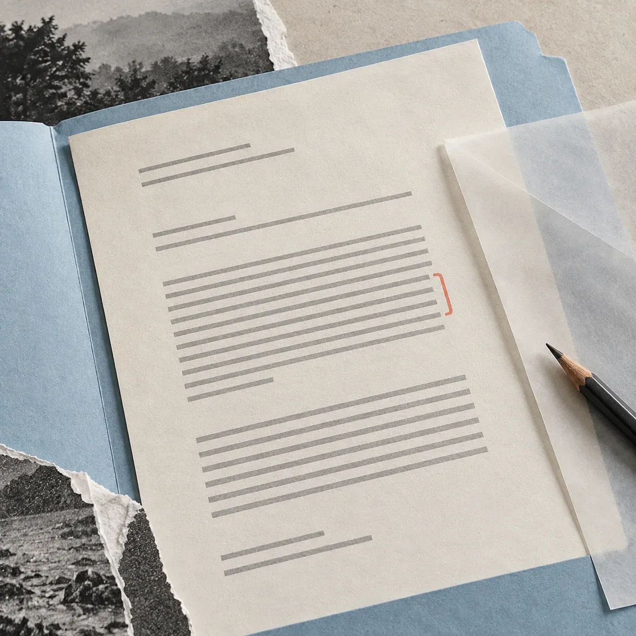 A public record in a pale-blue folder, with one passage marked in coral for review.