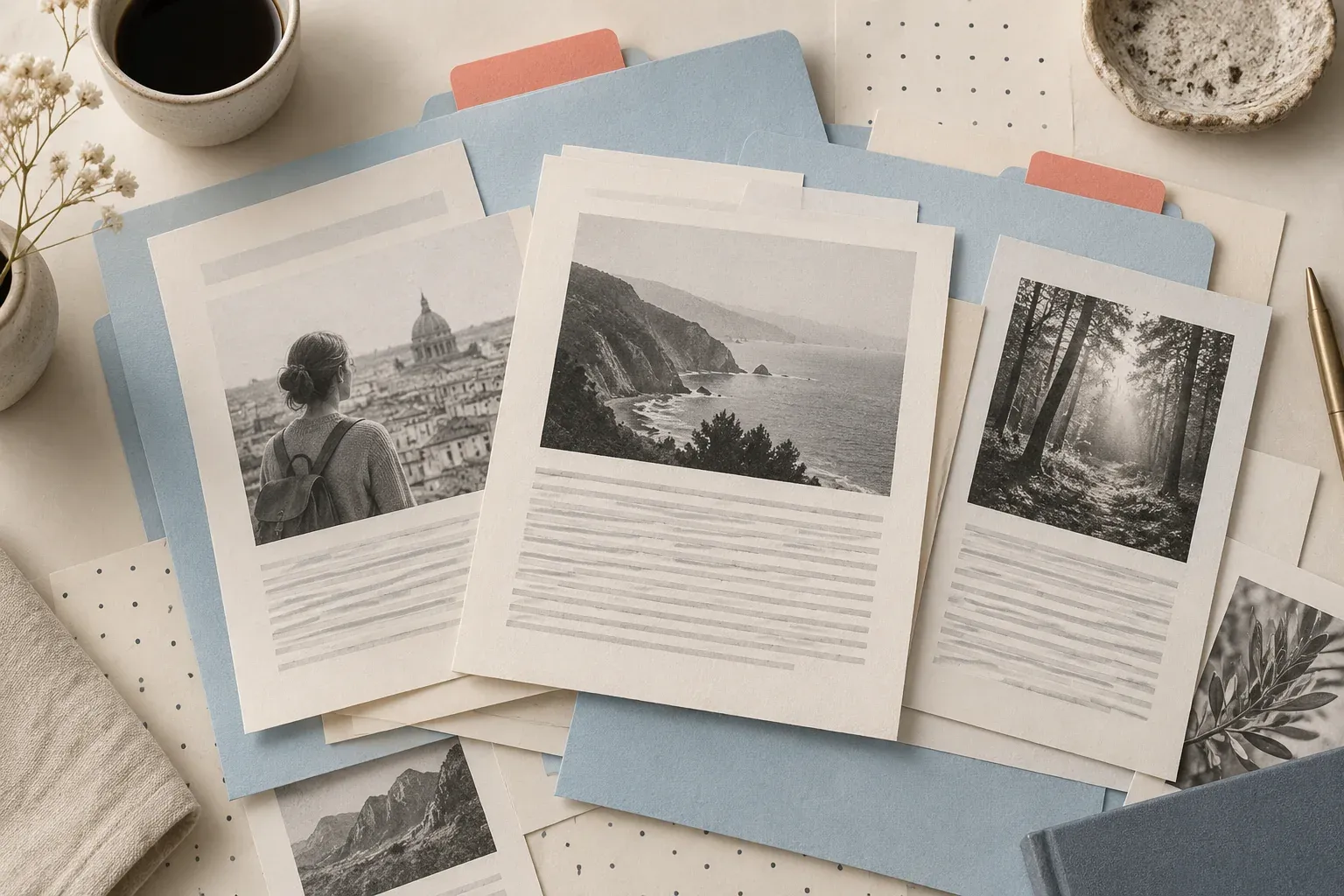 Paper articles organized into three pale blue folders