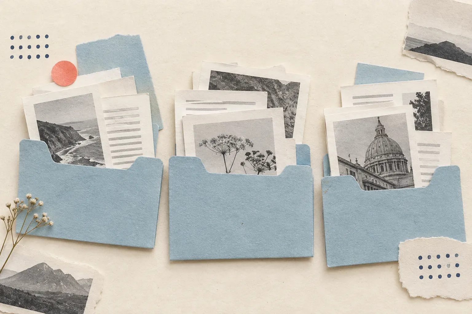 Paper article sheets arranged in pale blue folders