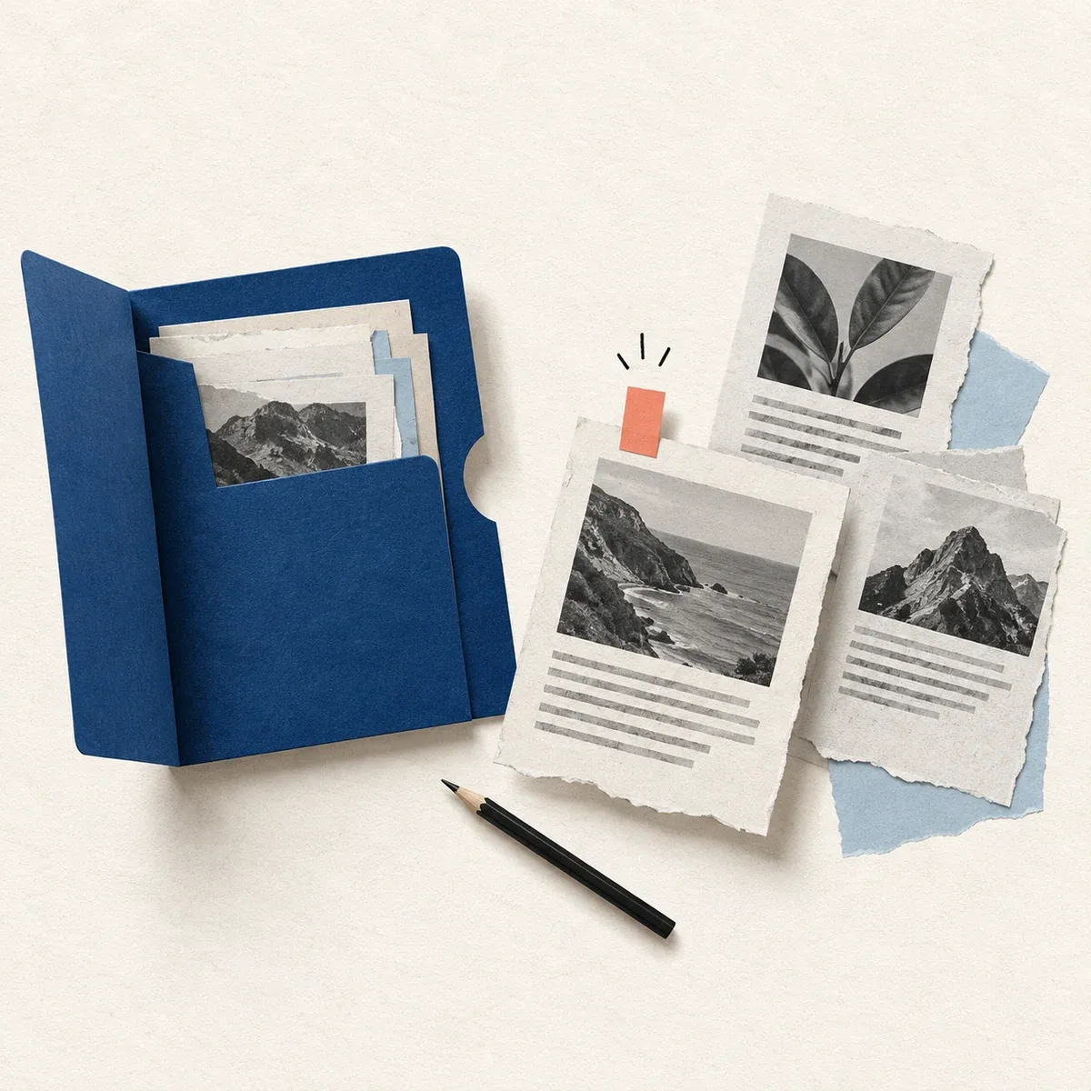An open blue folder holds saved article clippings beside one coral-marked selection.