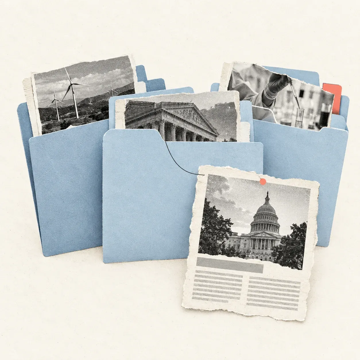 Blue paper folders hold grayscale public-source clippings, with one saved article set forward and a coral tab.