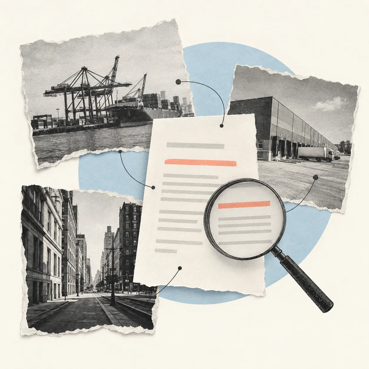 A research spread of grayscale photographs of a port, warehouse, and street, arranged around a blue-tinted report with a coral highlight.