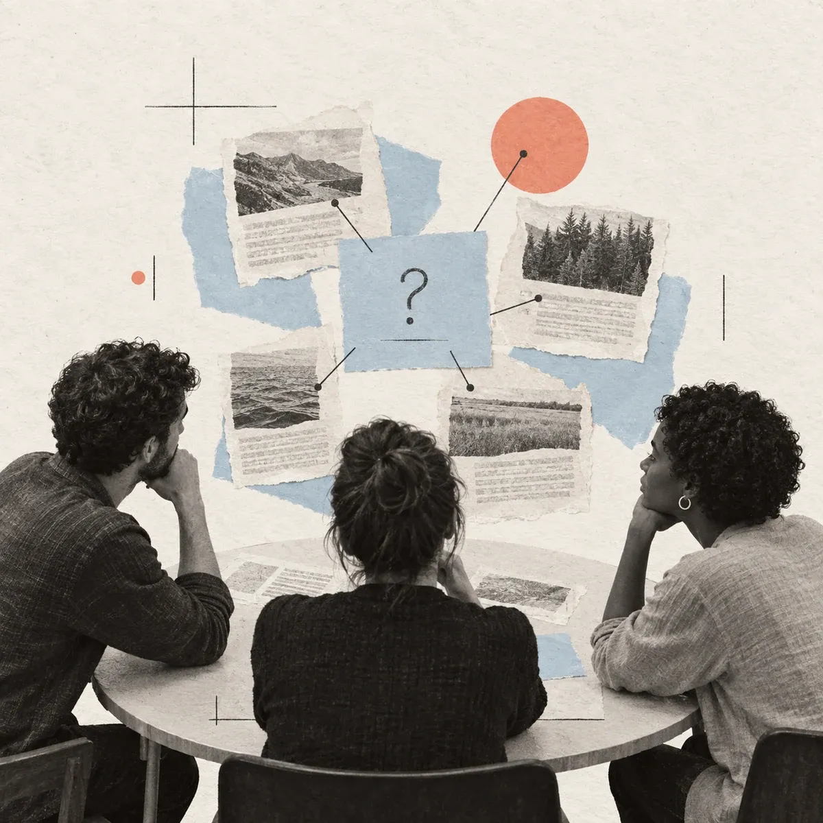 Three teammates review source clippings around a shared question card.