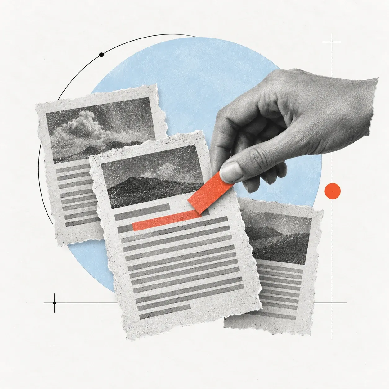 A hand marks one printed article clipping with a coral tab while leaving two other stories unmarked.