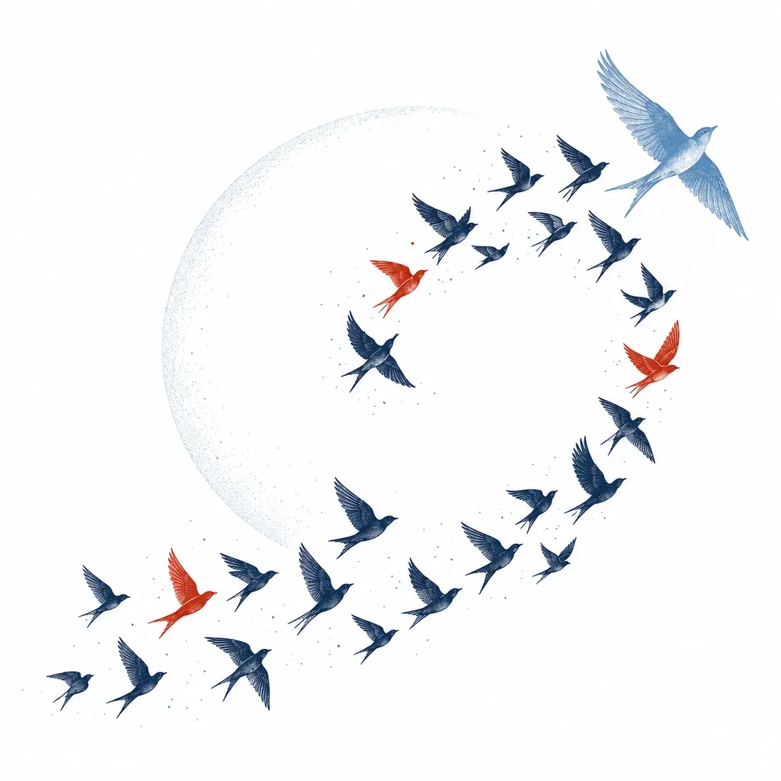 Individual birds gather into a flowing formation, suggesting separate sources finding order.
