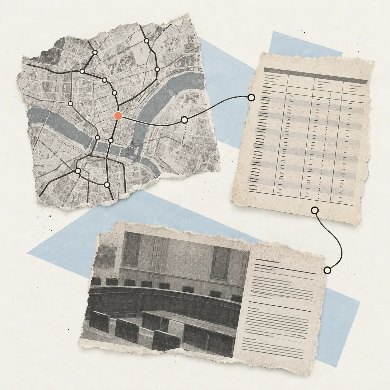 A city transit map, timetable, and public records linked by an editorial route mark on textured paper.