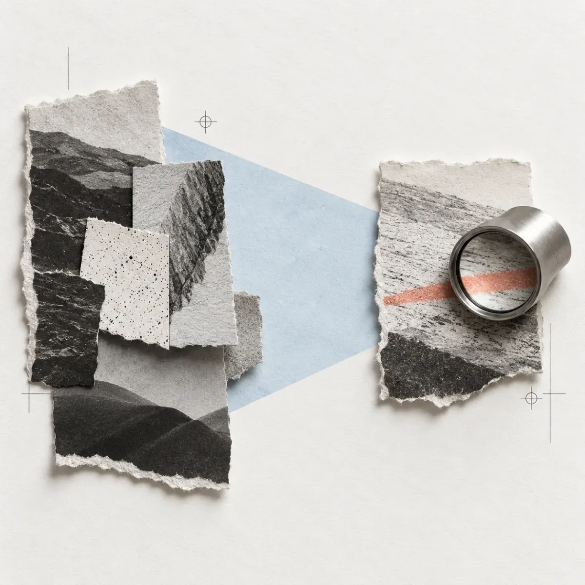 A collection of source clippings sits apart from one coral-marked original under a metal reading loupe, with a pale-blue bridge between them.