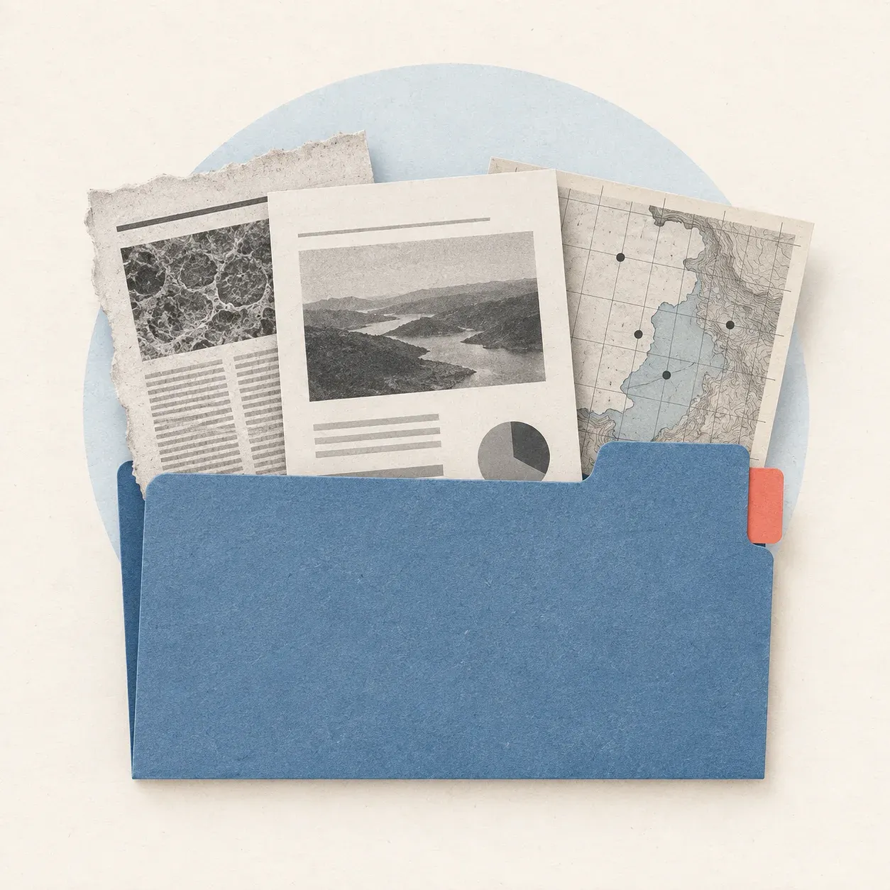 A paper folder groups a journal clipping, report page, and map into a single research source set.