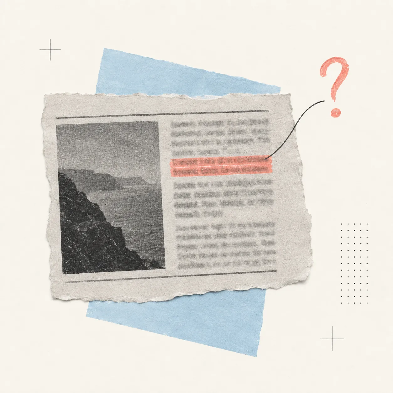 A torn source excerpt connects to a coral question mark, representing a reader question emerging from research.