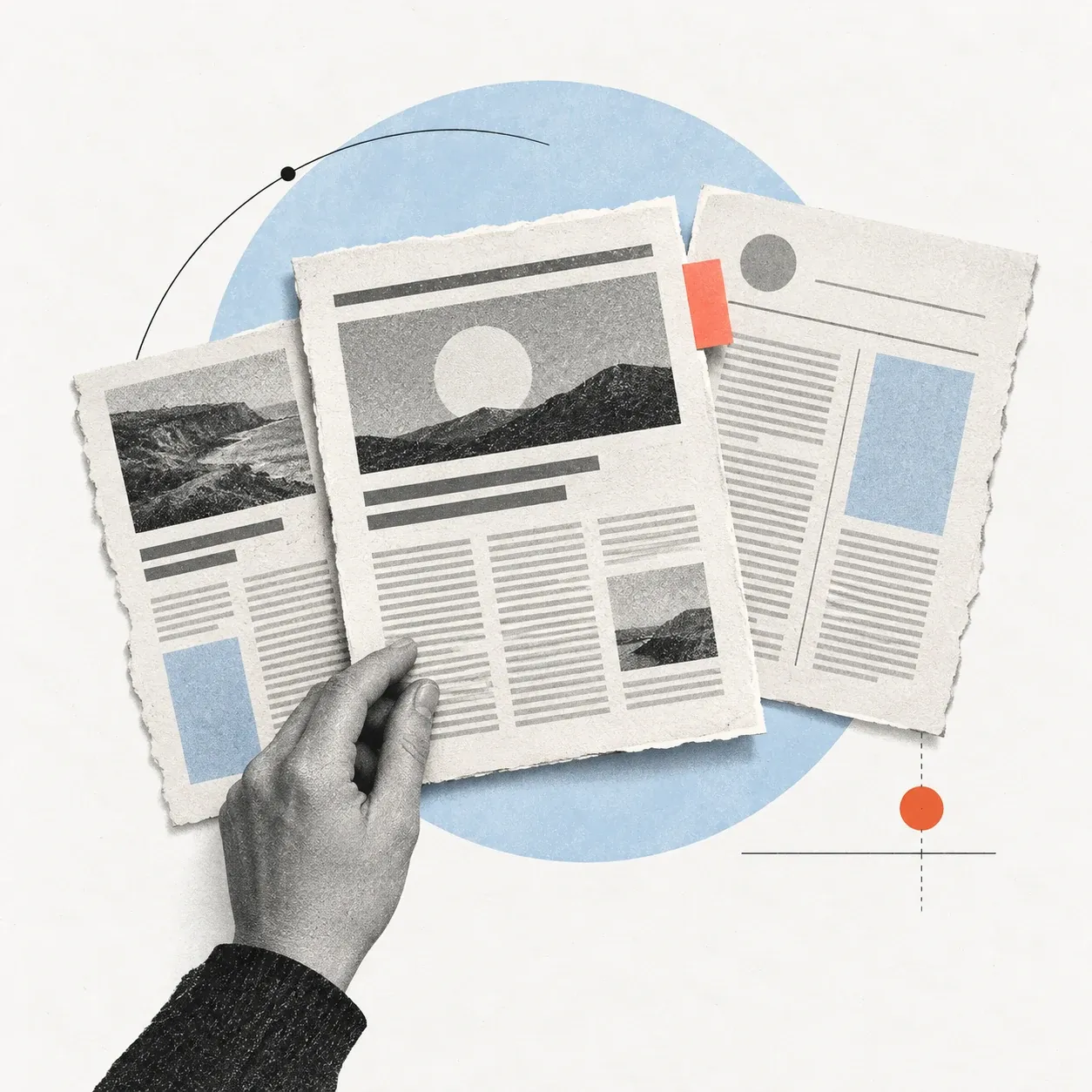 Three printed newsletter and public-source pages are gathered into one research set, with a small coral paper tab.