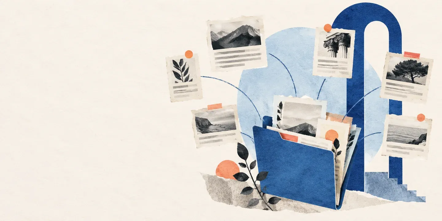 Paper clippings gathering into a shared blue folder
