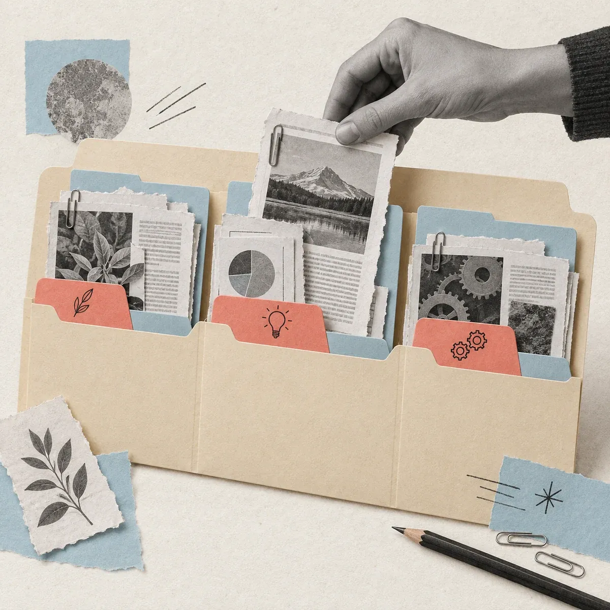 A hand places an article clipping into one of several paper folders grouped by topic.
