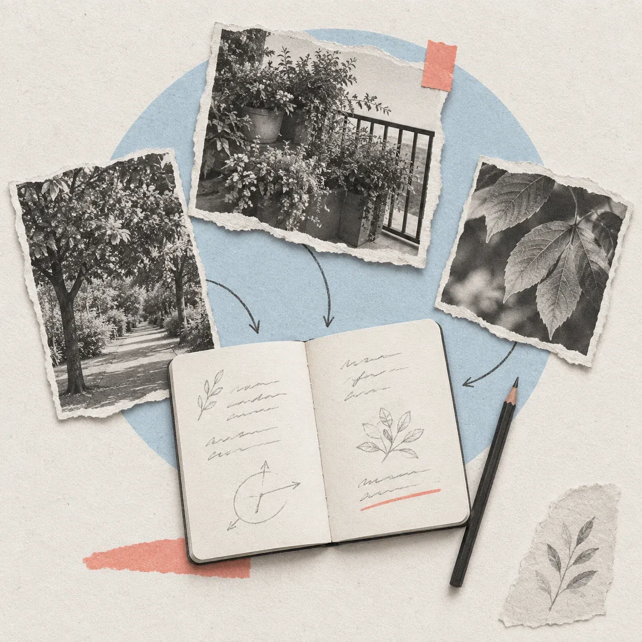 An open notebook sits among three source clippings about balcony gardens, street trees, and leaves.