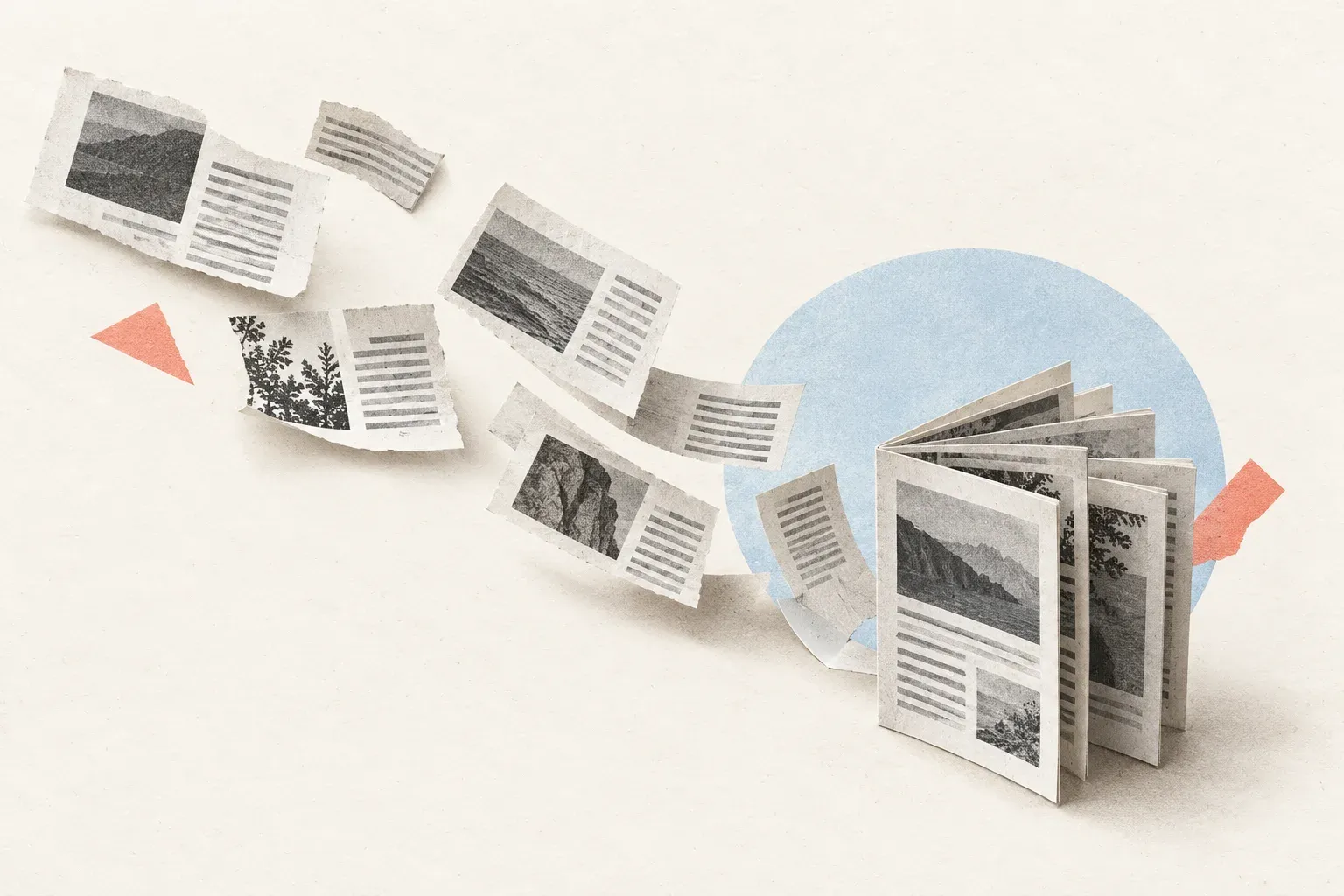 Paper article fragments gathered into an open reading collection