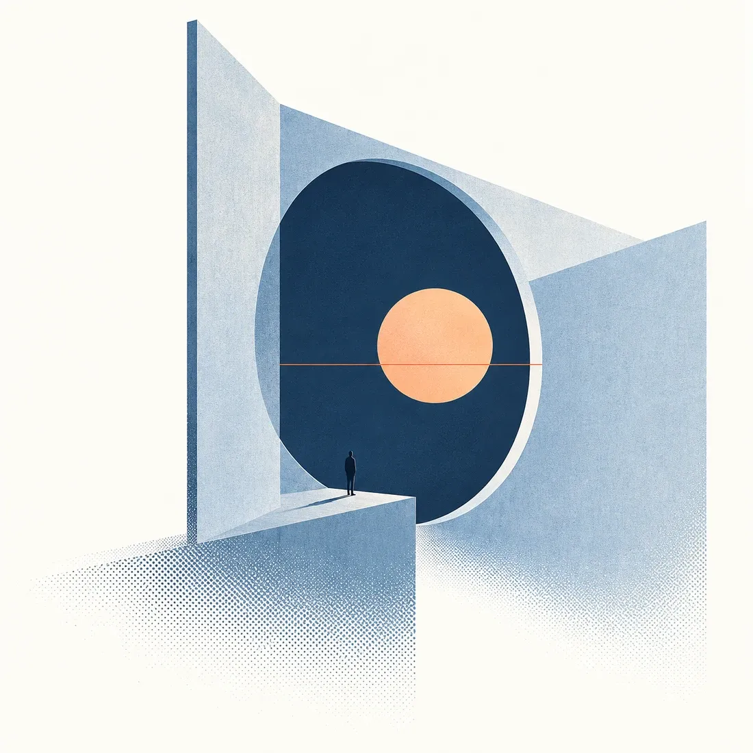 A blue architectural opening framing a warm sun