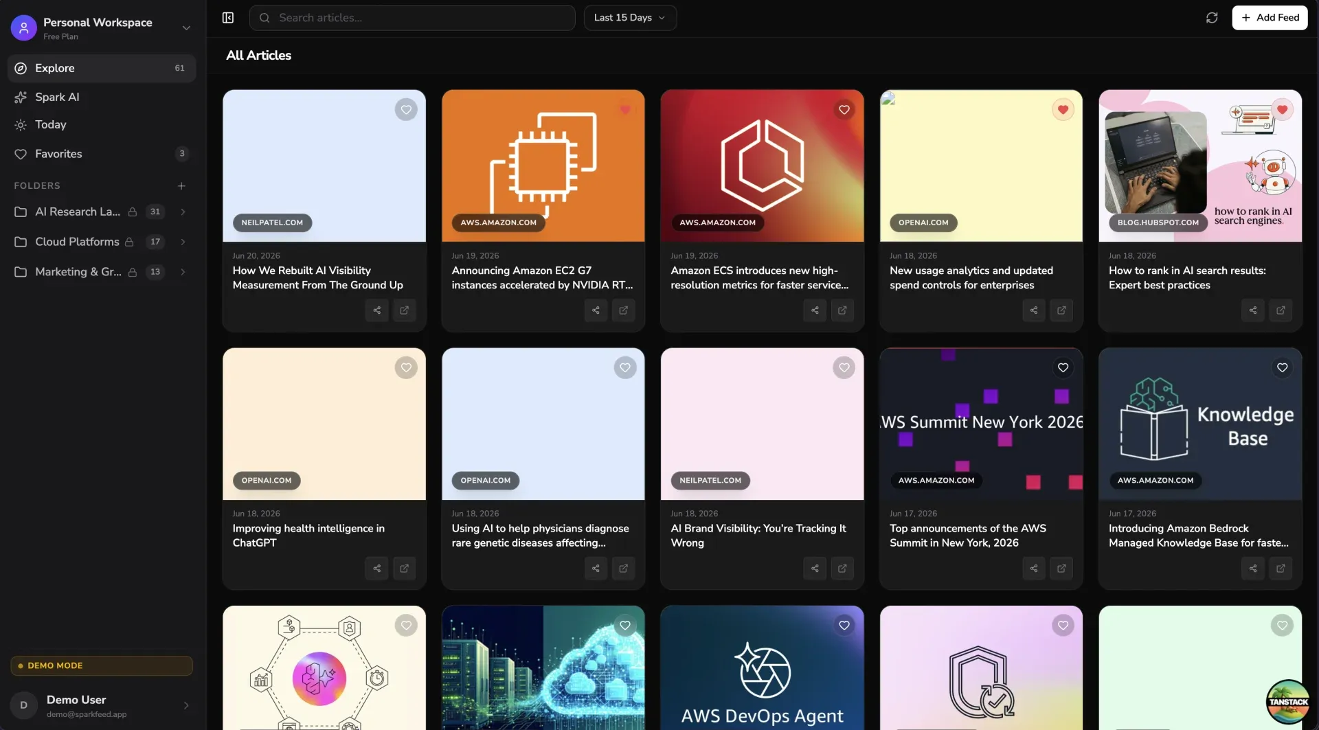 SparkFeed running in Demo Mode with pre-seeded AI, Cloud, and Marketing folders