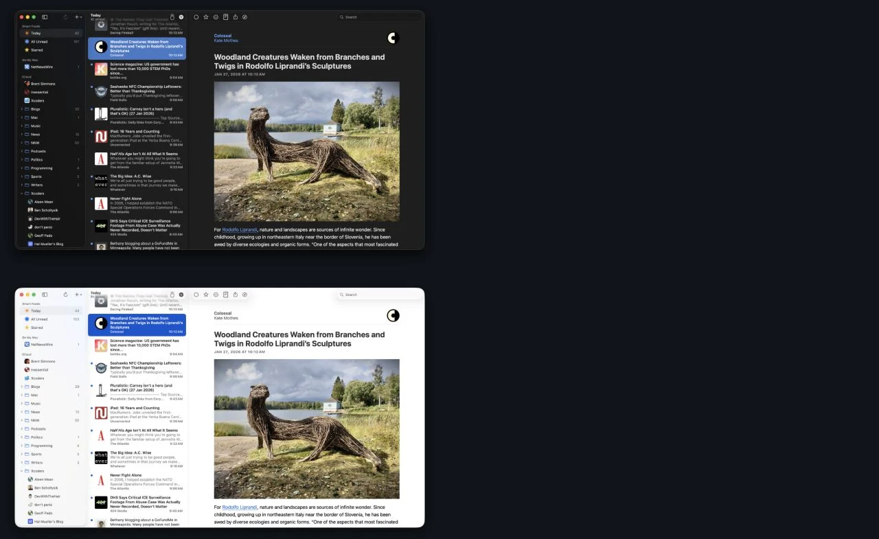 NetNewsWire 7 dark-mode interface on macOS with feed folders, article list, and reader pane