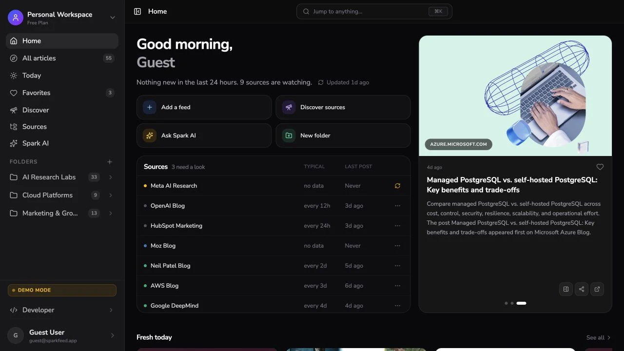 Sparkfeed public demo home screen with folders, source health, saved articles, and recent feed items