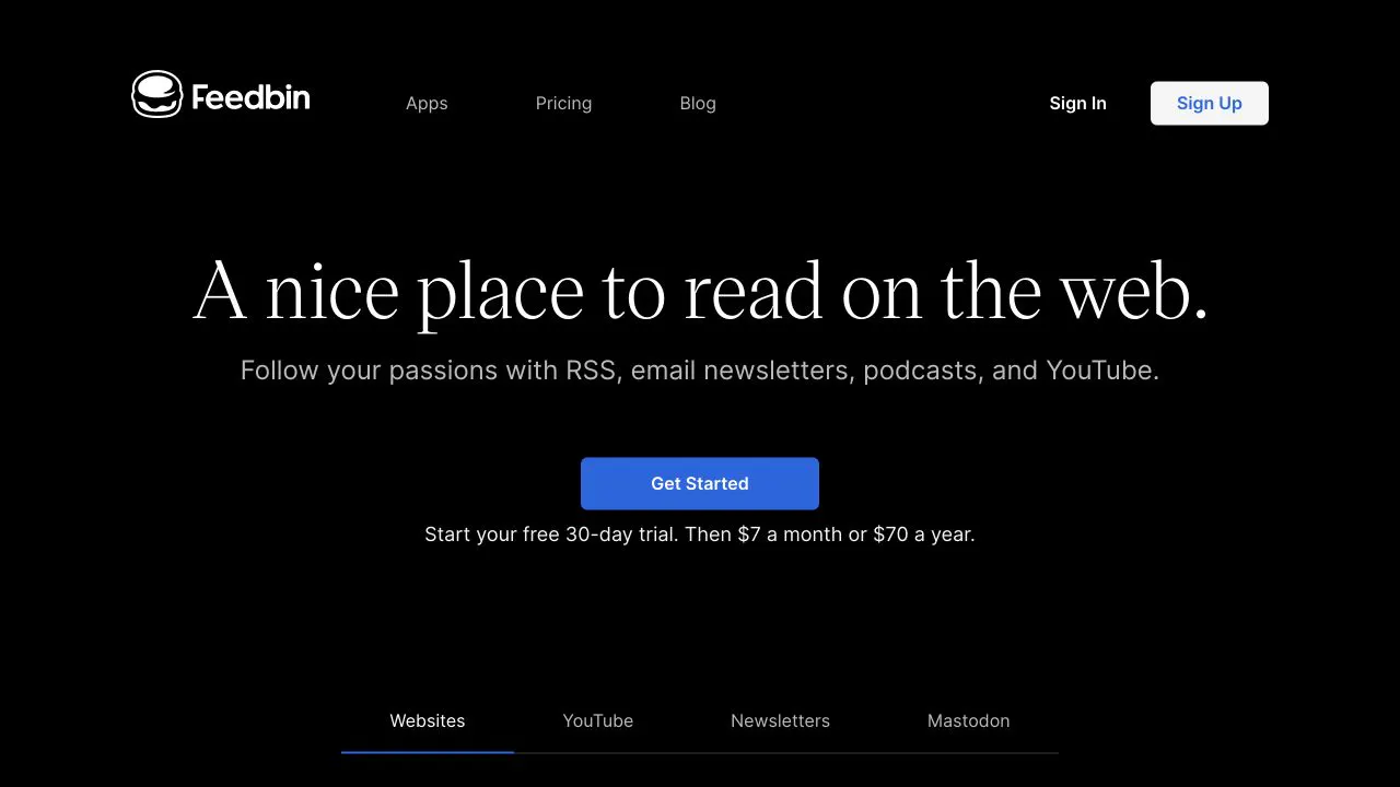 Feedbin product page showing its RSS, newsletter, podcast, and YouTube positioning and current subscription price