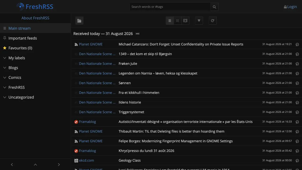 FreshRSS official demo showing feed folders, search, favorites, and a chronological list of articles