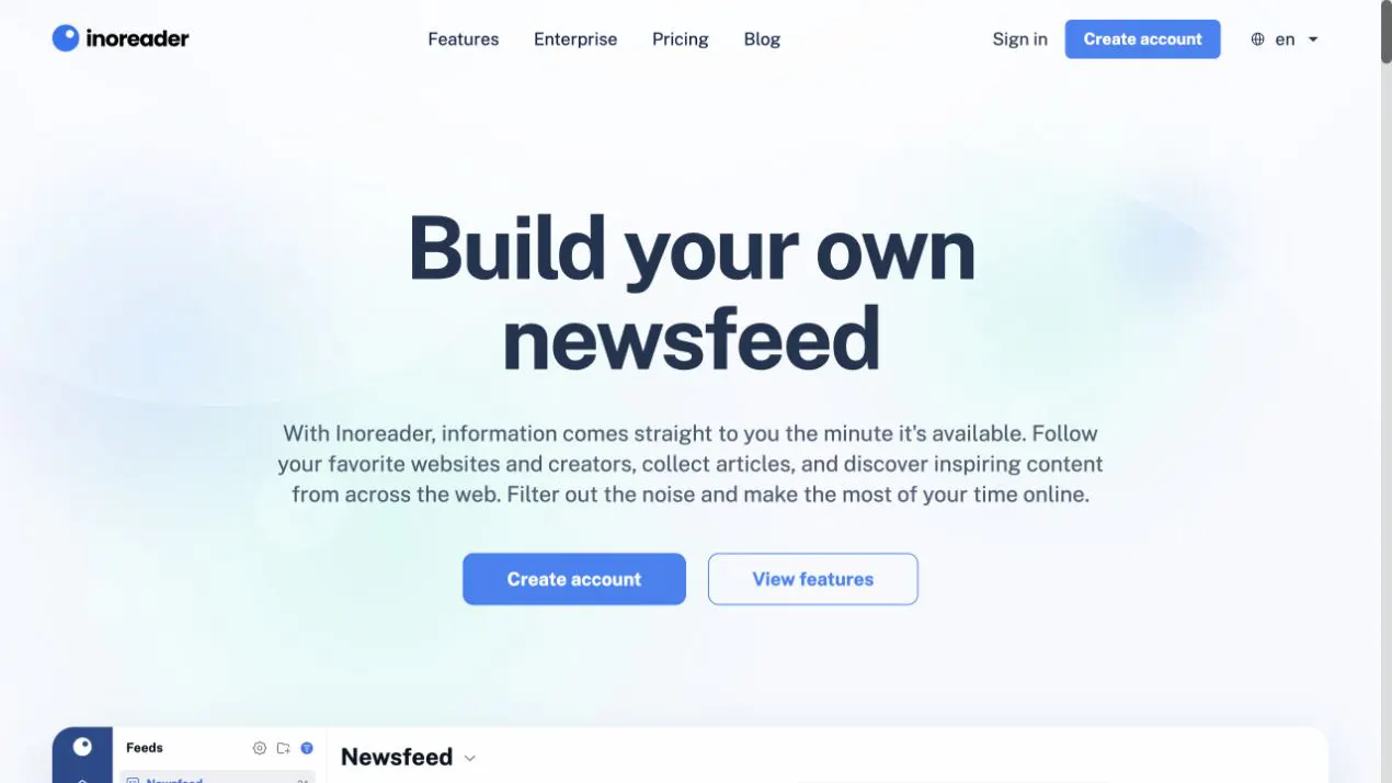 Inoreader product page showing its Build your own newsfeed message and a preview of the reader interface