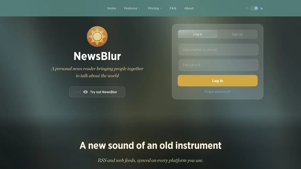 NewsBlur product page showing its login panel, product identity, and Try out NewsBlur control