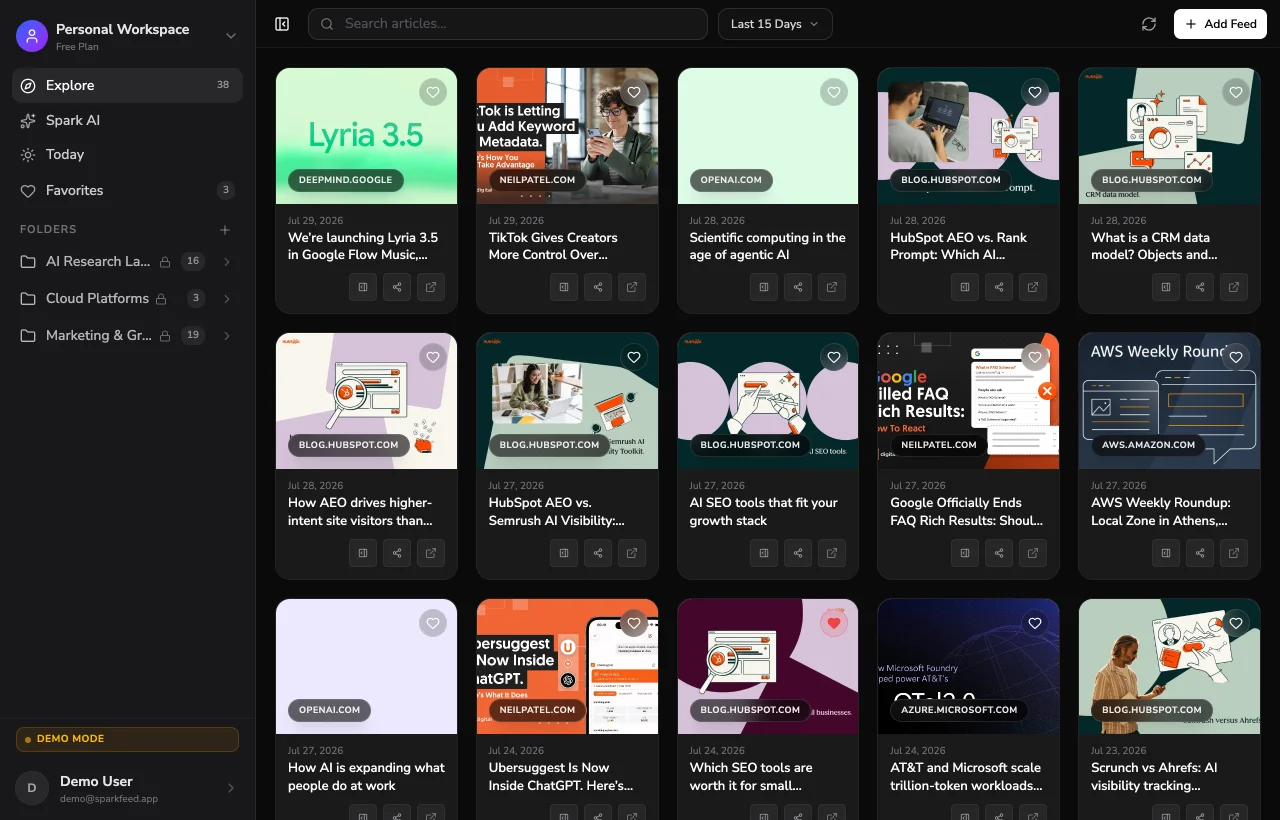 The Sparkfeed reader showing articles from several feeds in a card grid